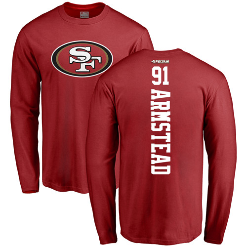 Men San Francisco 49ers Red Arik Armstead Backer #91 Long Sleeve NFL T Shirt->nfl t-shirts->Sports Accessory